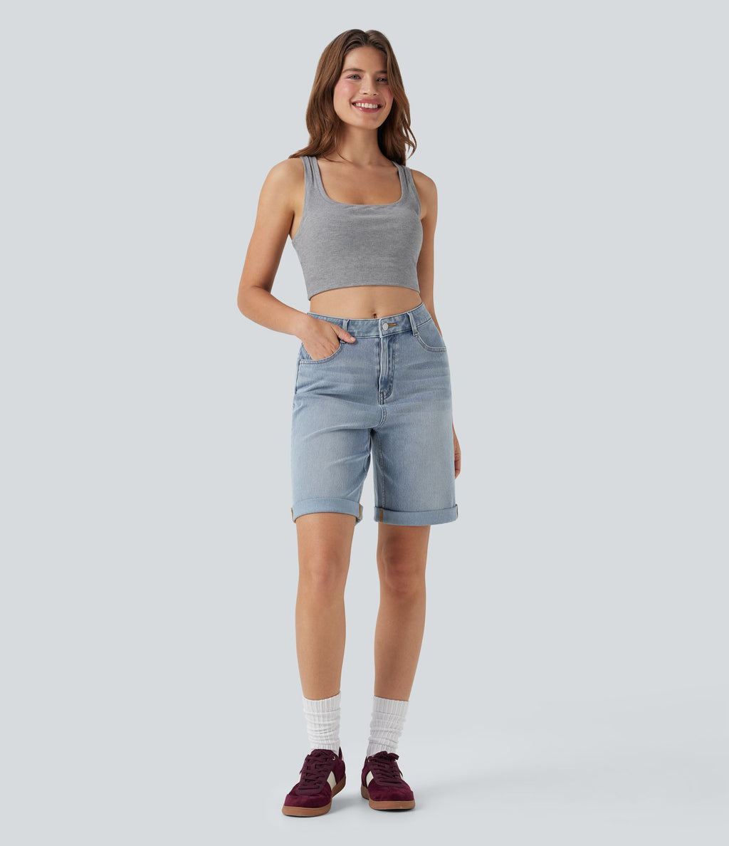 Bermuda décontracté en jean extensible délavé Halara Flex™ taille haute avec revers et multiples poches