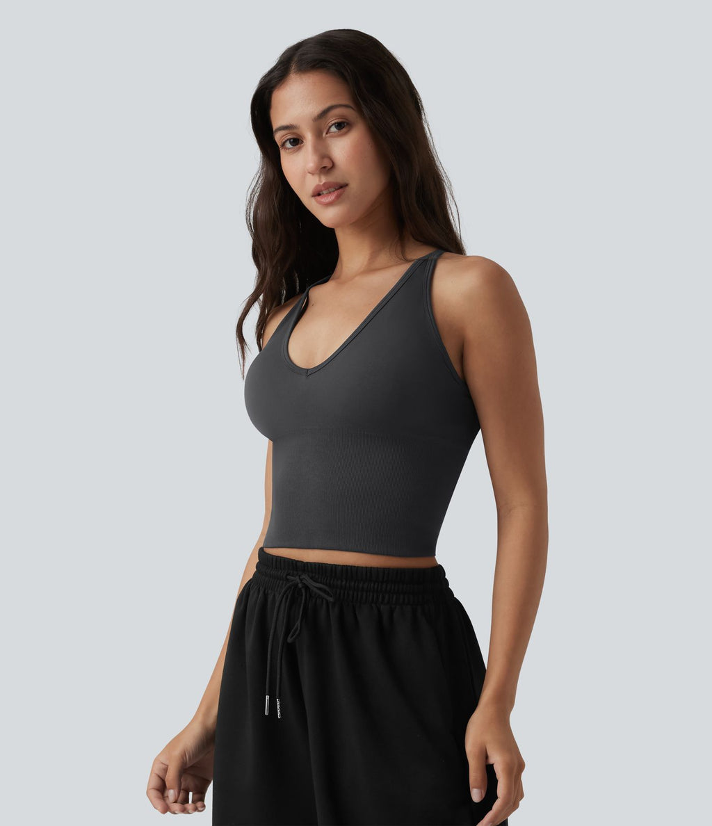 OneForm Seamless Flow Débardeur de yoga crop dos nu croisé décolleté en V profond avec soutien-gorge intégré
