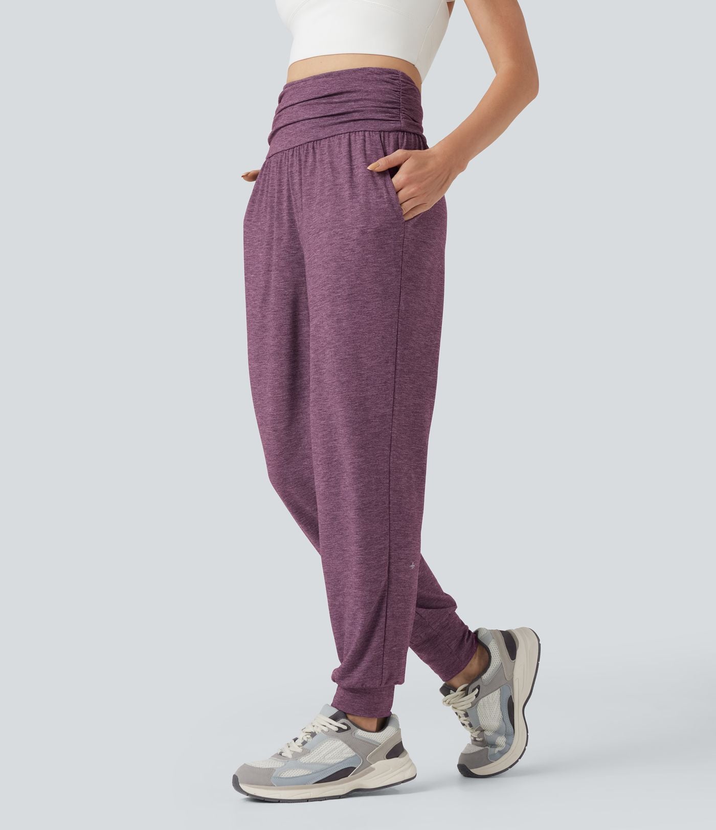 Jogging taille haute froncé chiné avec poches
