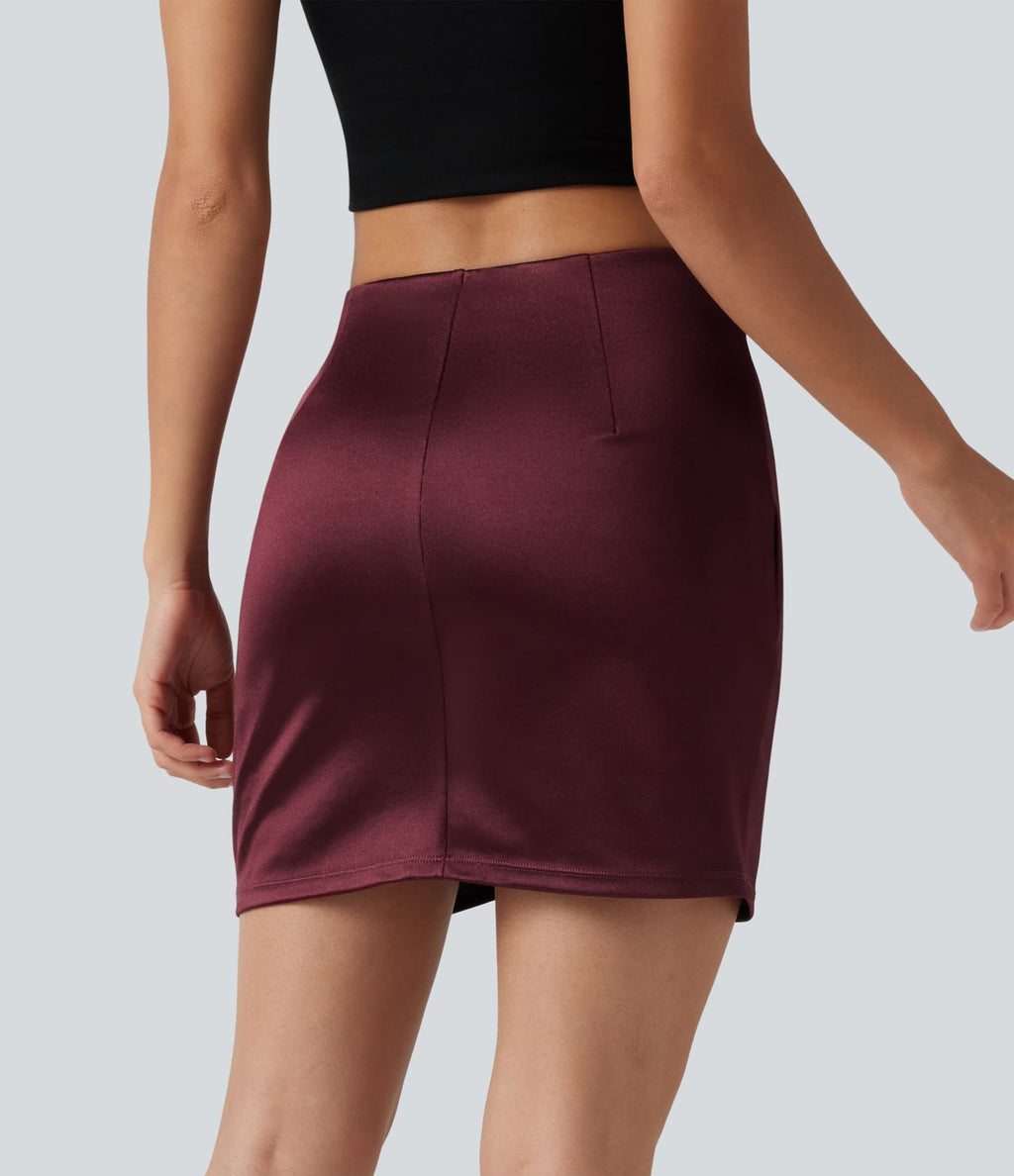 Jupe mini moulante 2-en-1 en satin, taille haute, fronces et ourlet croisé