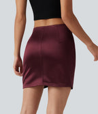 Jupe mini moulante 2-en-1 en satin, taille haute, fronces et ourlet croisé