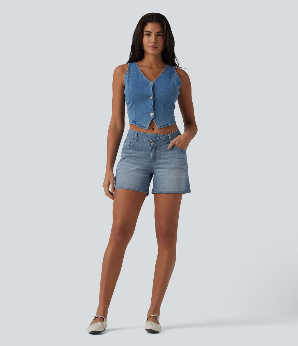 Short asymétrique en jean délavé Halara Flex™ taille basse à poches multiples