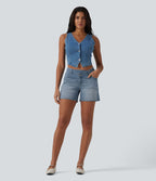 Short asymétrique en jean délavé Halara Flex™ taille basse à poches multiples