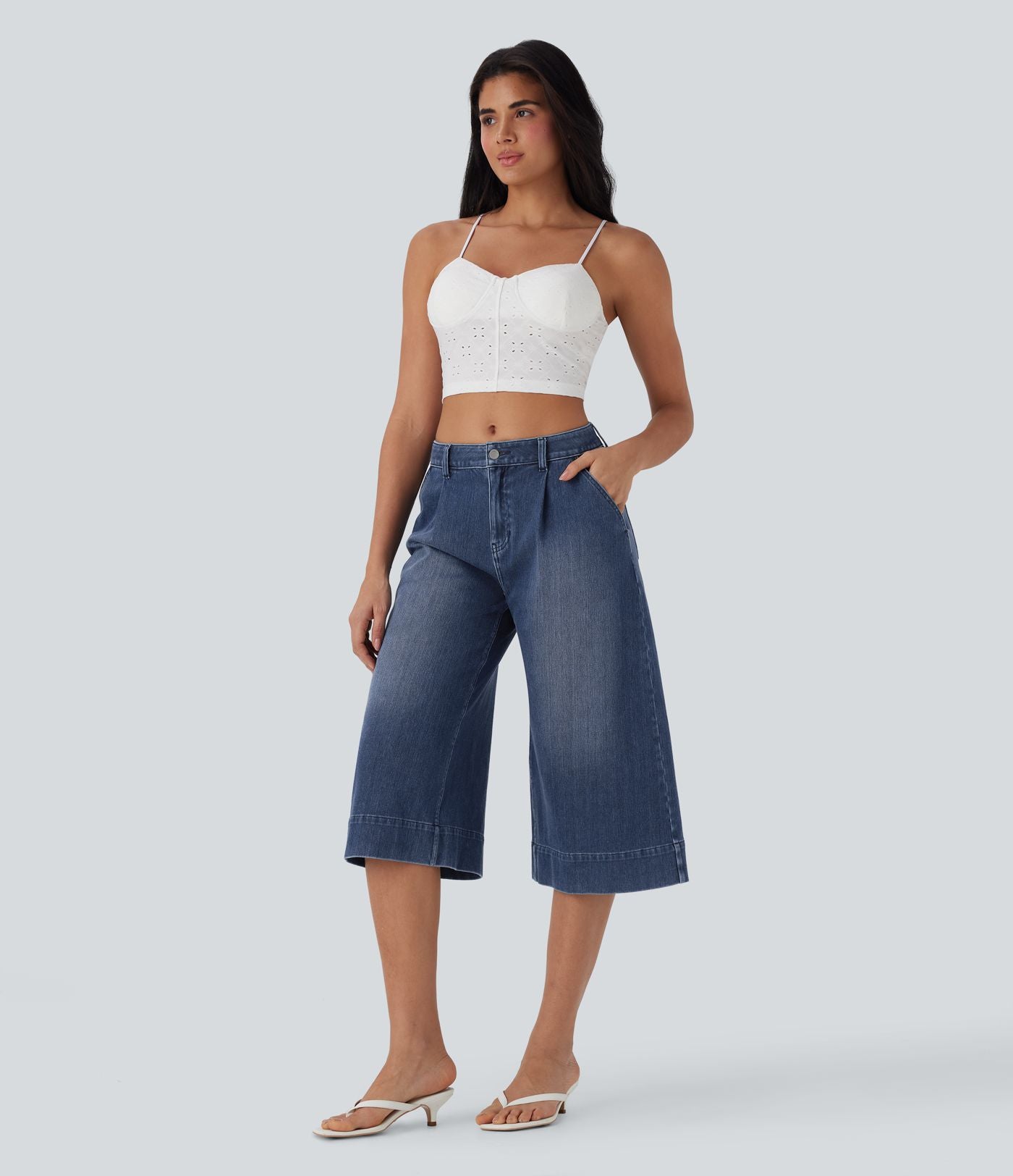 Jean décontracté capri large fluide taille mi-haute Halara Flex™ effet délavé avec poches