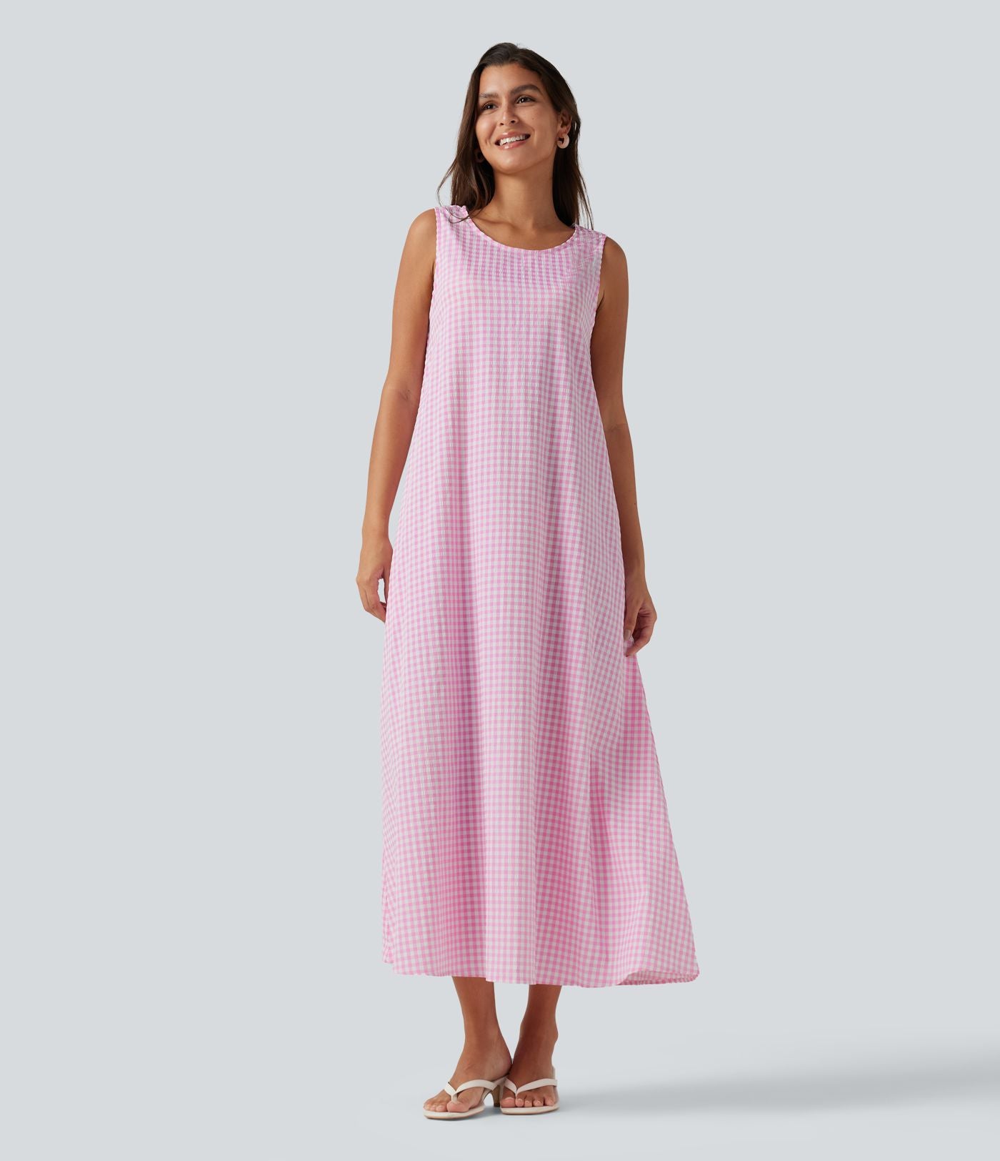Robe débardeur midi décontractée col rond sans manches en vichy froissé avec poches
