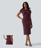 Robe casual mi-longue col rond à manches courtes avec découpe