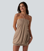 Robe moulante micro-mini à rayures en maille côtelée, dos nu à nouer et soutien-gorge intégré