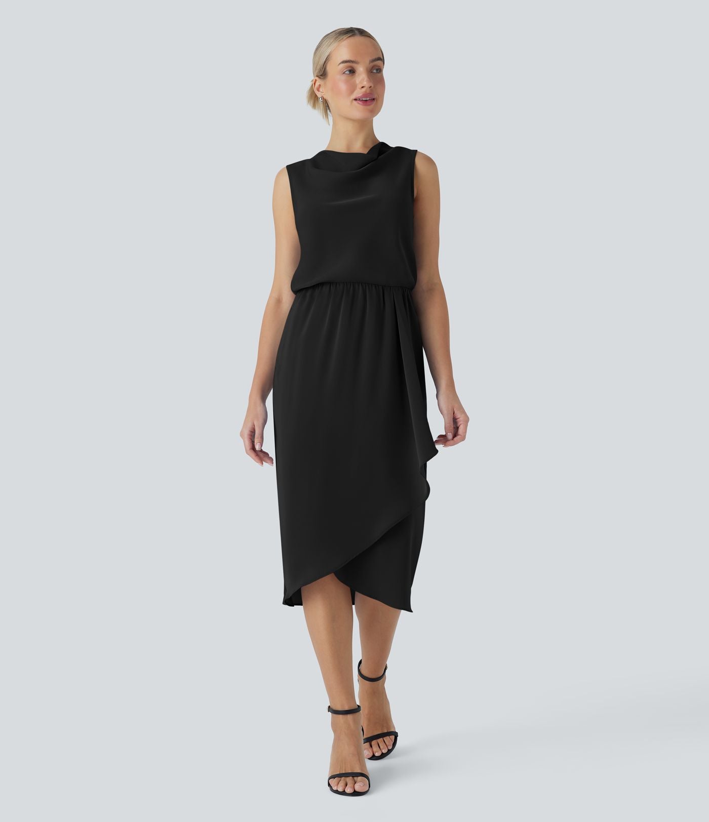 Robe midi de voyage défroissage facile, col bénitier, ourlet croisé et poches