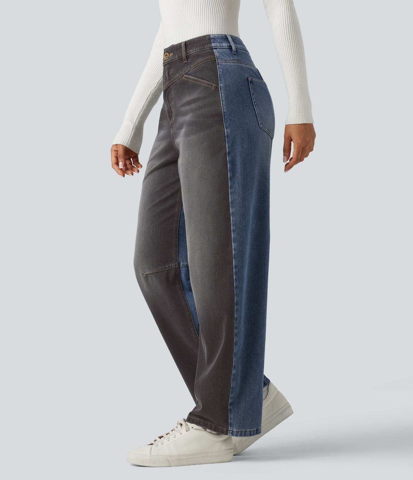 Jean barrel casual Halara Flex™ taille mi-haute color block avec poches