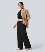 Pantalon large côtelé taille basse pliable avec cordon de serrage et poches