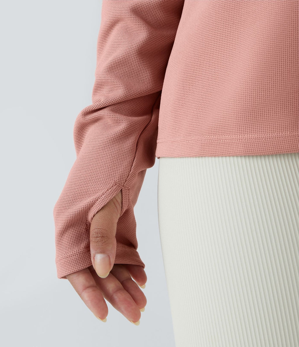 Sweatshirt Casual Waffle à Boutons Devant avec Trou Pouce et Fente