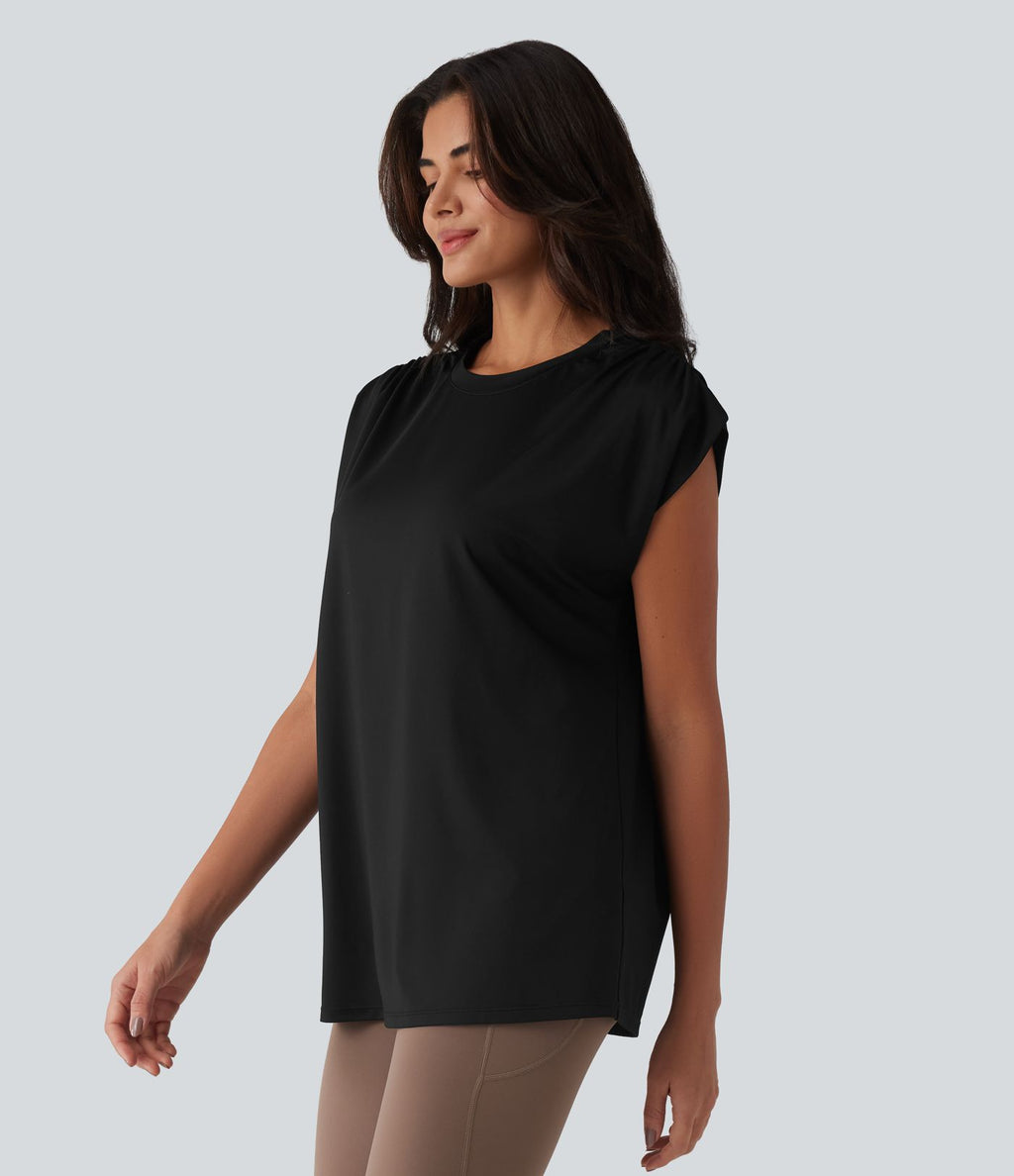 Top de sport yoga ample col rond sans manches avec fronces