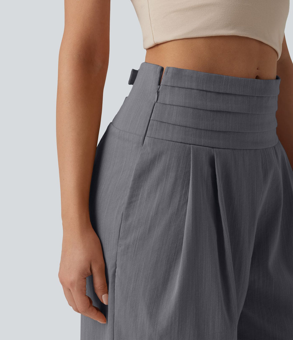 Pantalon large casual aspect lin taille très haute smocké réglable avec poches