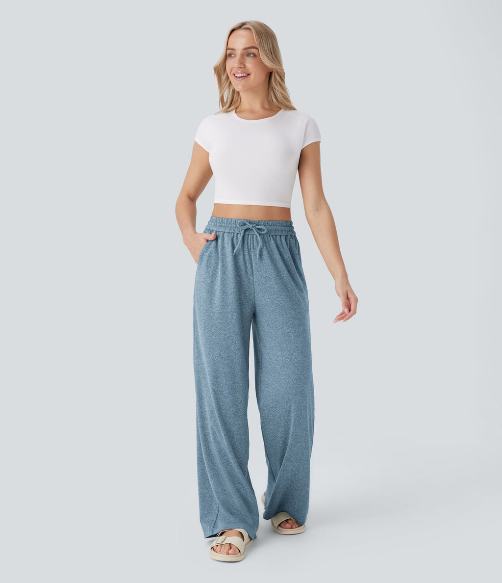 Pantalon large décontracté taille haute avec cordon de serrage et poches latérales