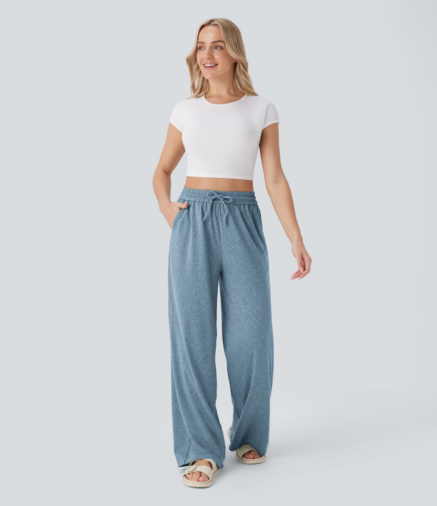 Pantalon large décontracté taille haute avec cordon de serrage et poches latérales
