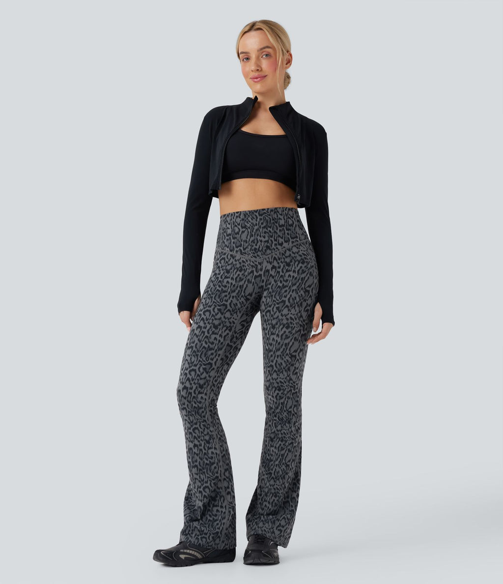 Pantalon de yoga à coupe bootcut gainant taille haute imprimé léopard avec poches Halara UltraSculpt™