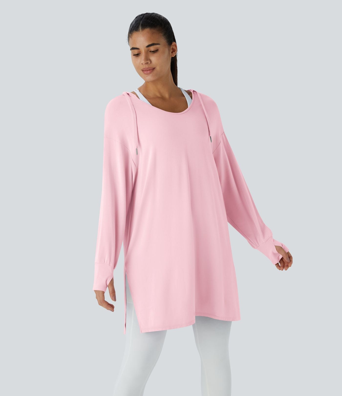Sweatshirt Casual à Capuche Encolure en V Cordon de Serrage Trou pour le Pouce Fente et Coupe Longue