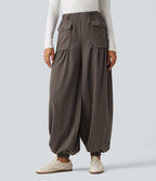 Jogging baggy taille haute effet lin froncé avec poches