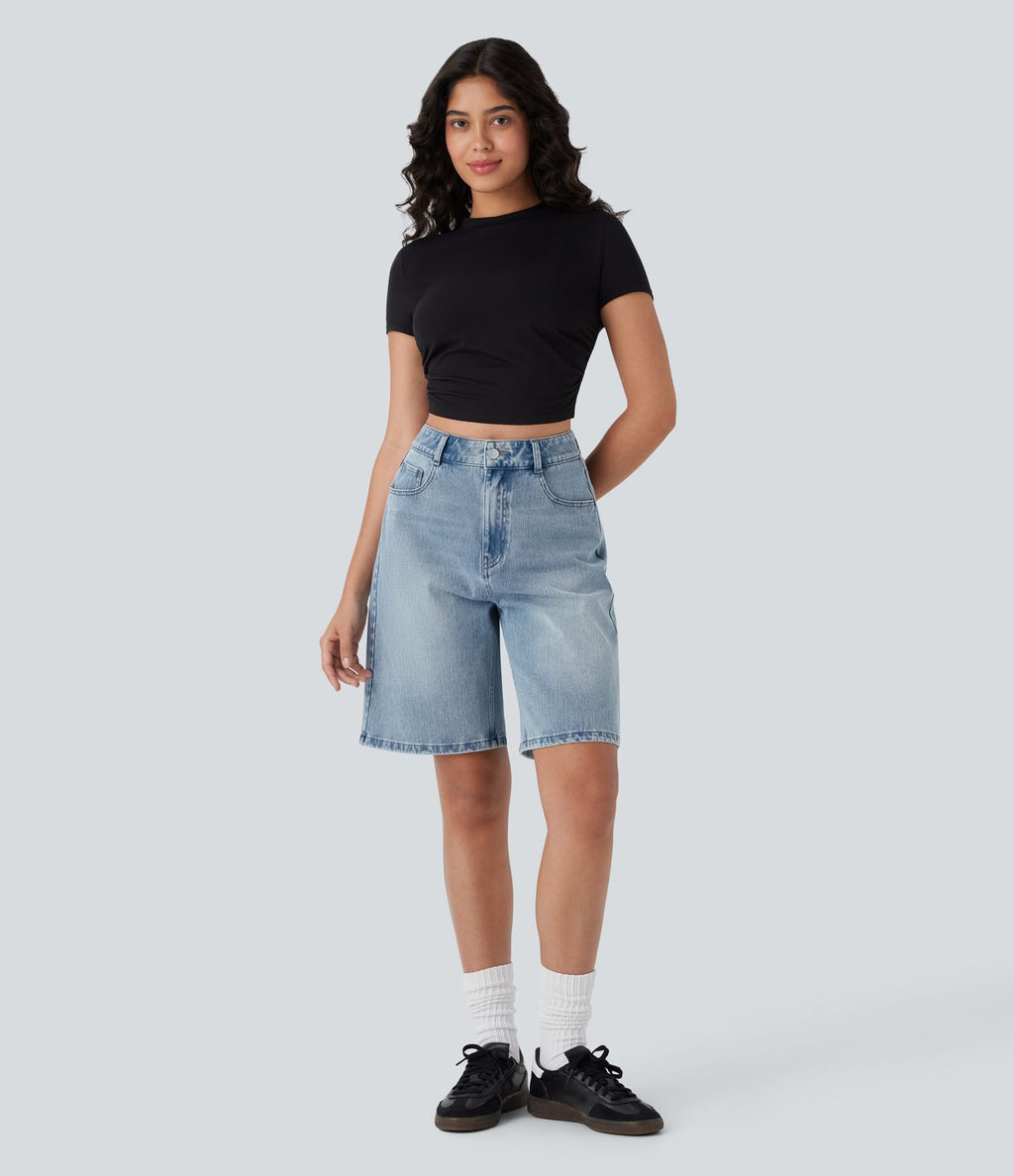 Bermuda en jean délavé Halara Flex™ taille haute à poches multiples