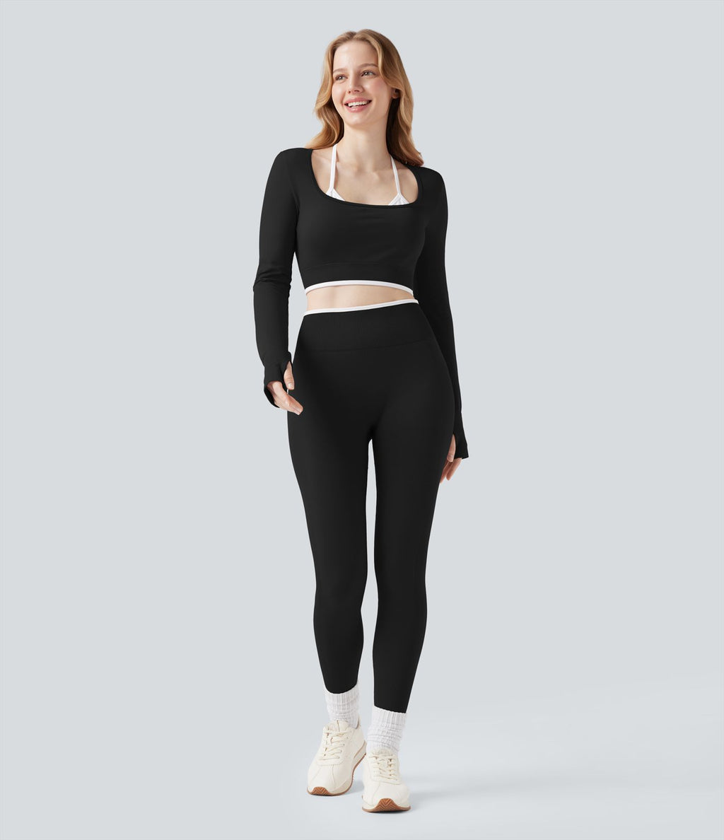 Haut de sport yoga court dos nu à manches longues avec passants pouces et blocs de couleurs sans coutures Seamless Flow