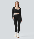 Haut de sport yoga court dos nu à manches longues avec passants pouces et blocs de couleurs sans coutures Seamless Flow