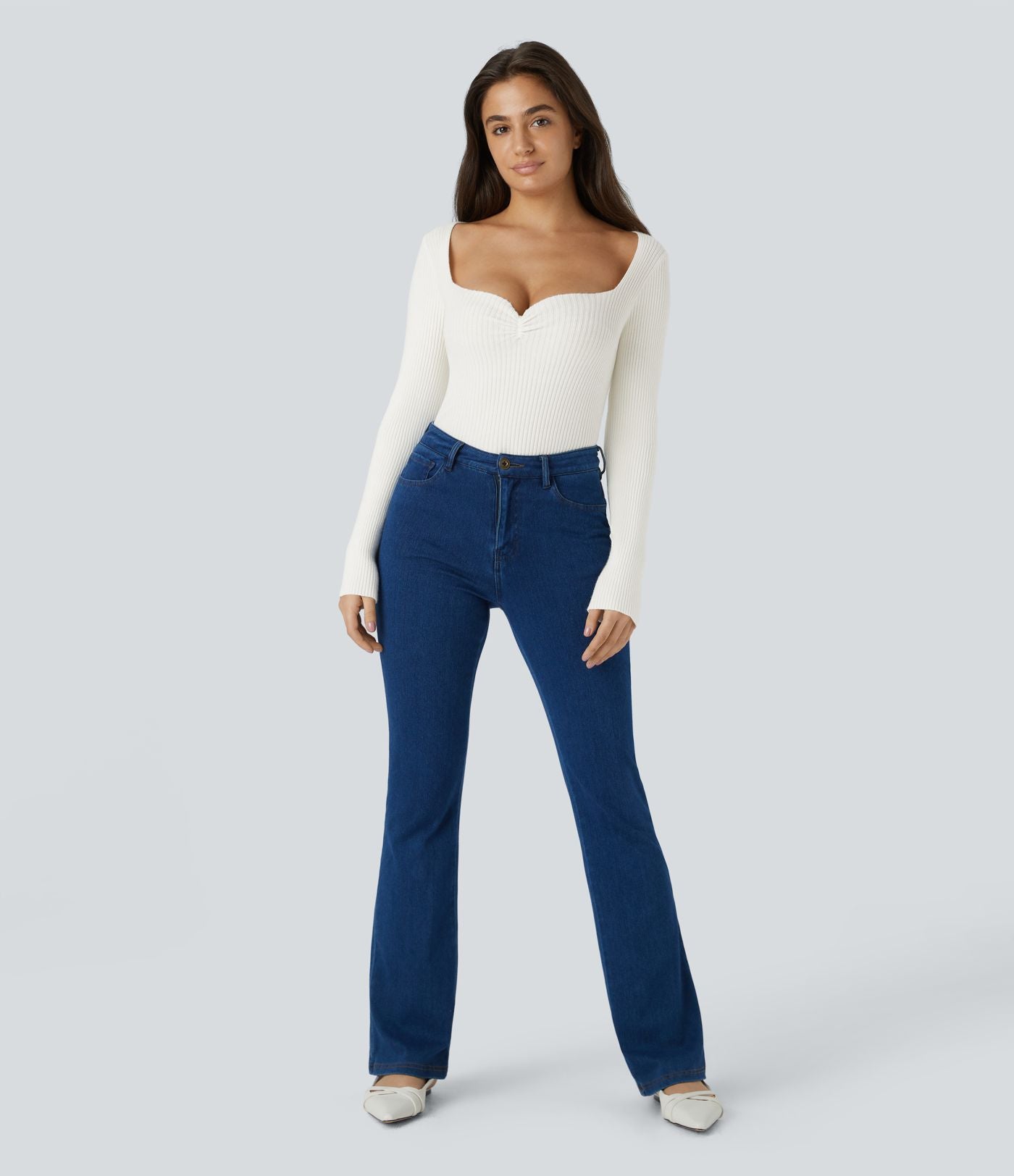 Pull décontracté moulant à col cœur et manches longues