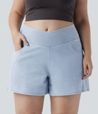 Short en denim délavé large trapèze grande taille croisé taille haute Halara Flex™ avec poches