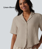 Chemise décontractée col cranté manches courtes en mélange lyocell et lin