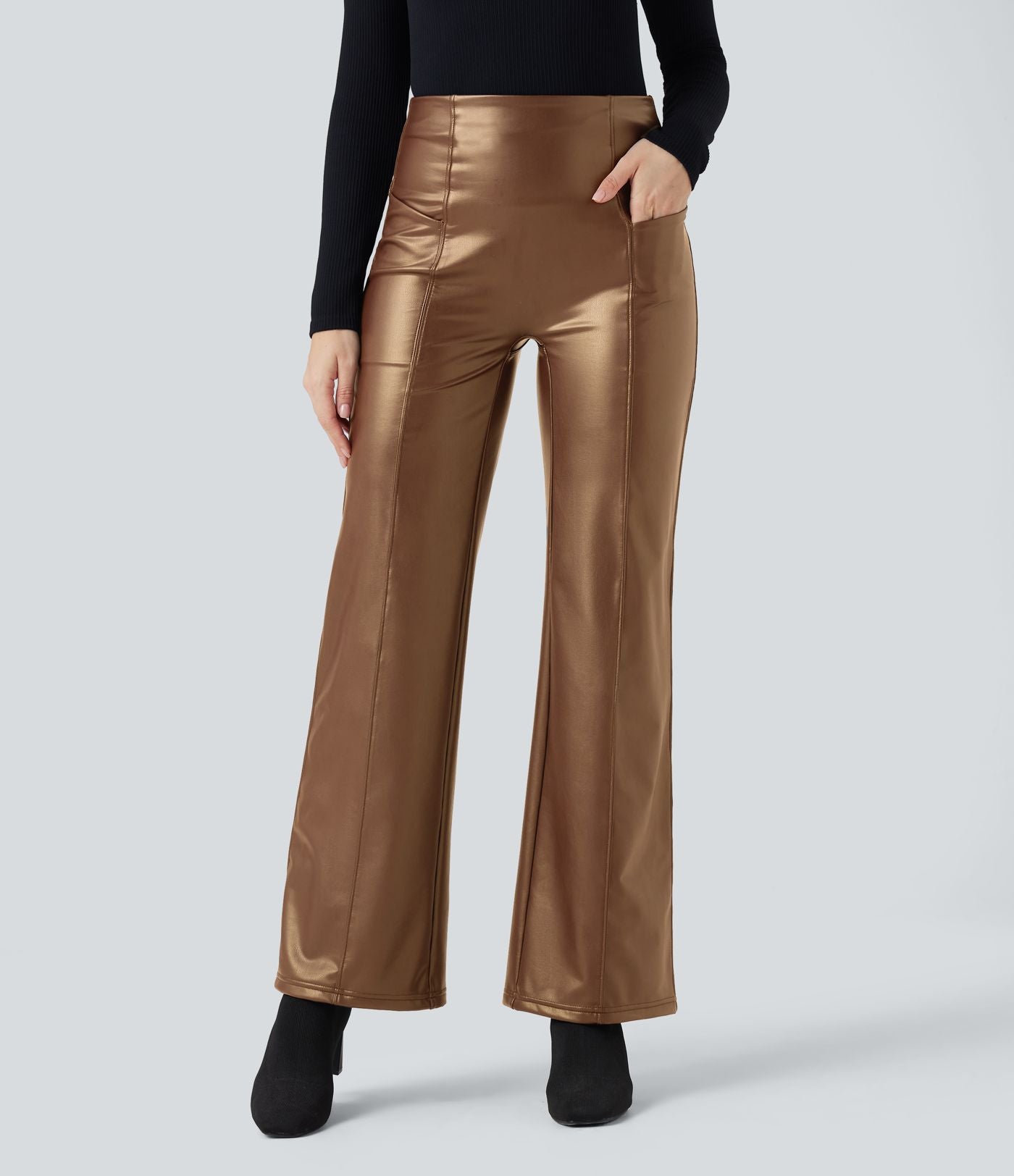 Pantalon similicuir évasé gainant taille haute stretch avec poches