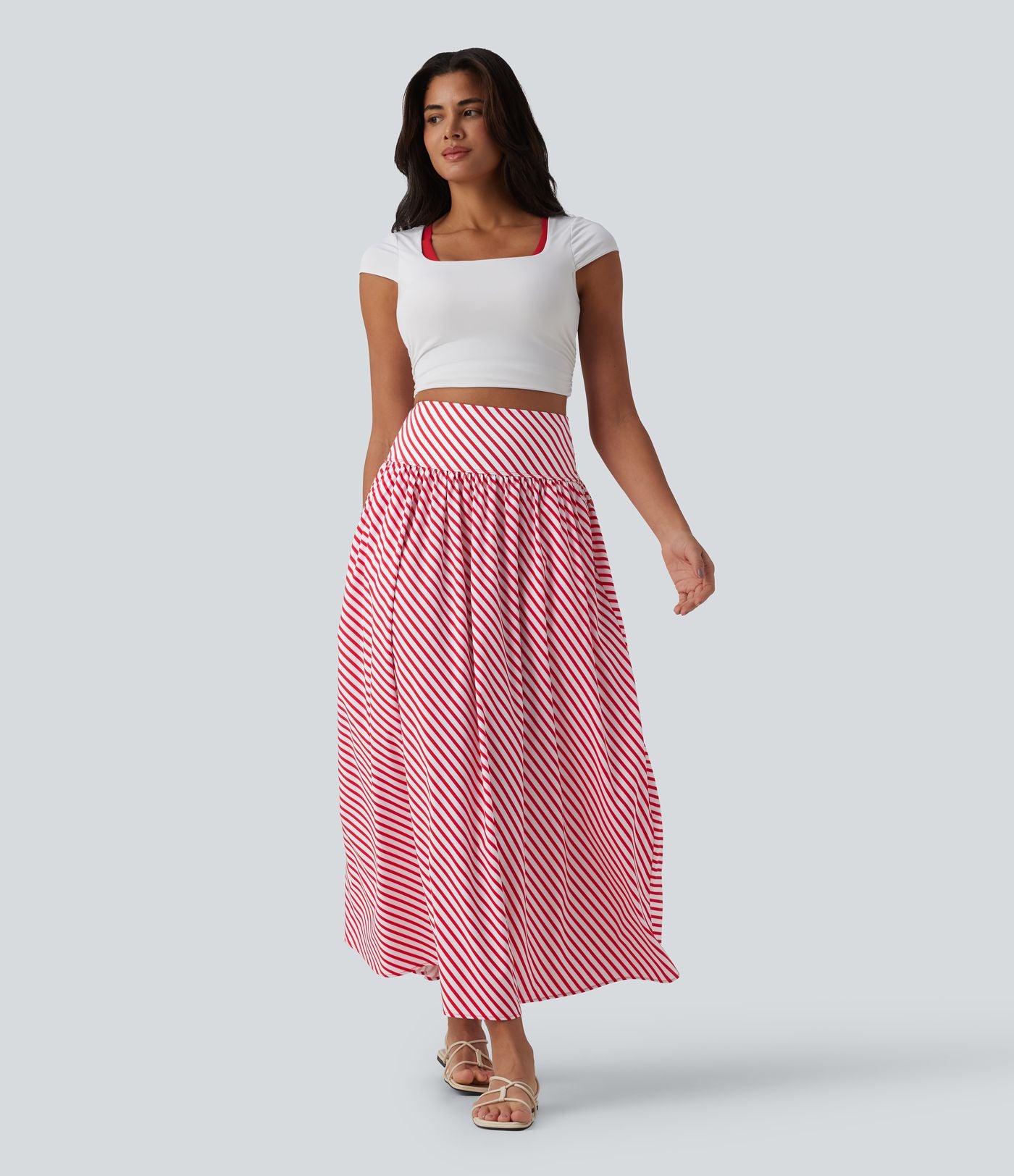 Jupe longue fluide casual à rayures taille haute avec poches
