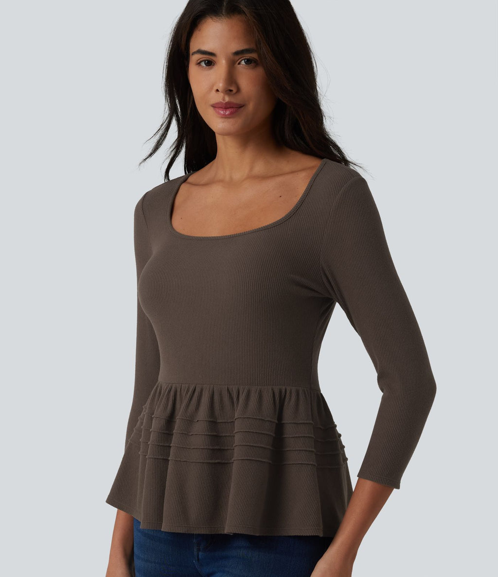 Haut babydoll décontracté en maille côtelée col en U manches 3/4
