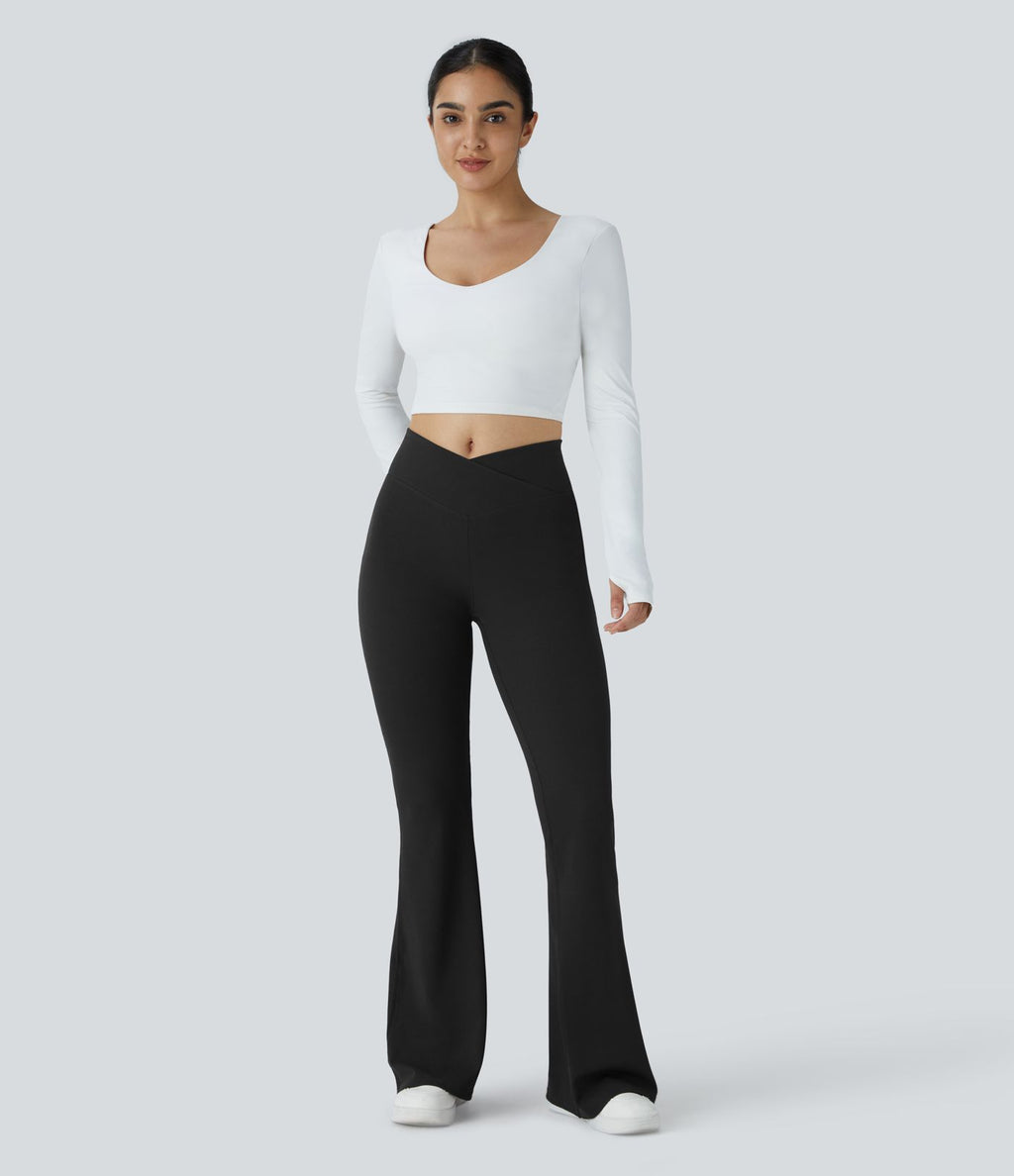 Pantalon décontracté évasé en maille gaufrée, taille haute, avec poches croisées