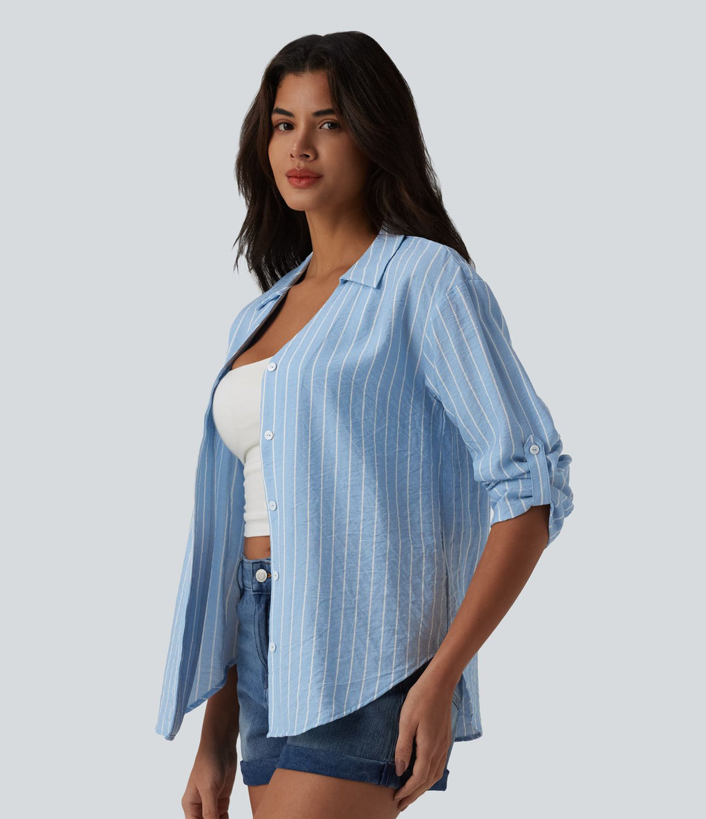 Chemise casual à rayures aspect lin col V manches longues retroussables et ourlet arrondi