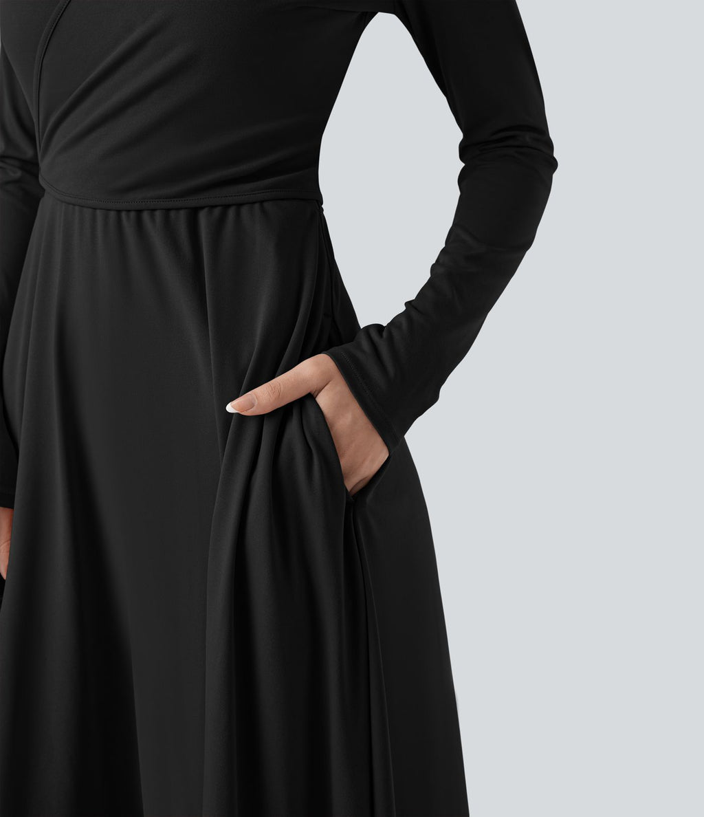 Robe mi-longue deux pièces à manches longues effet cache-cœur avec nœud au dos et poches
