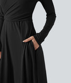 Robe mi-longue deux pièces à manches longues effet cache-cœur avec nœud au dos et poches