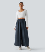 Pantalon large fluide décontracté taille haute avec cordon de serrage intérieur avec poches