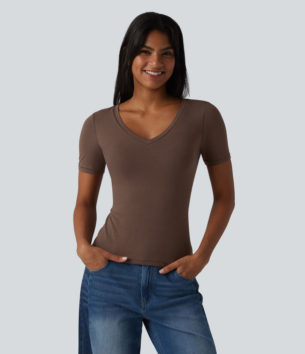 Halara T-shirt décontracté en jersey de coton col V manches courtes avec soutien-gorge intégré bonnets B-DD