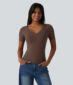 Halara T-shirt décontracté en jersey de coton col V manches courtes avec soutien-gorge intégré bonnets B-DD