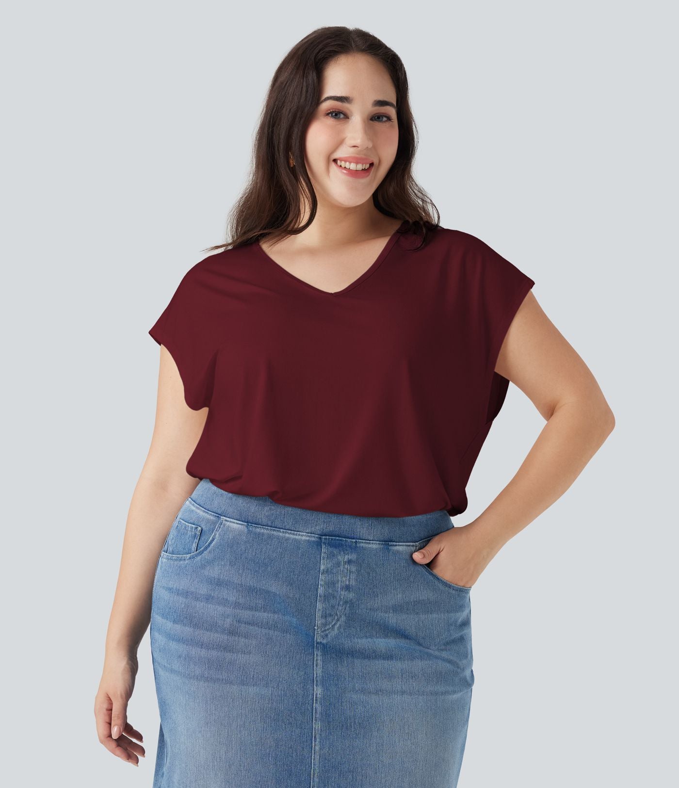 T-shirt décontracté grande taille col V manches courtes