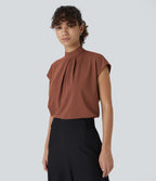 Blouse de Travail à Col Montant Plissée avec Boutons dans le Dos et Manches Courtes