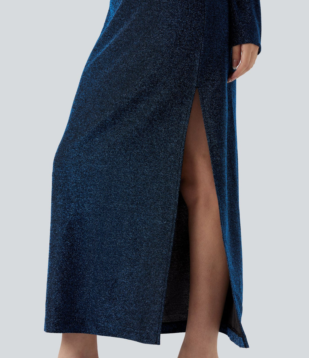 Robe midi fendue à manches longues, dos noué avec découpes, effet sparkle