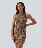 Robe micro mini moulante col américain imprimé léopard