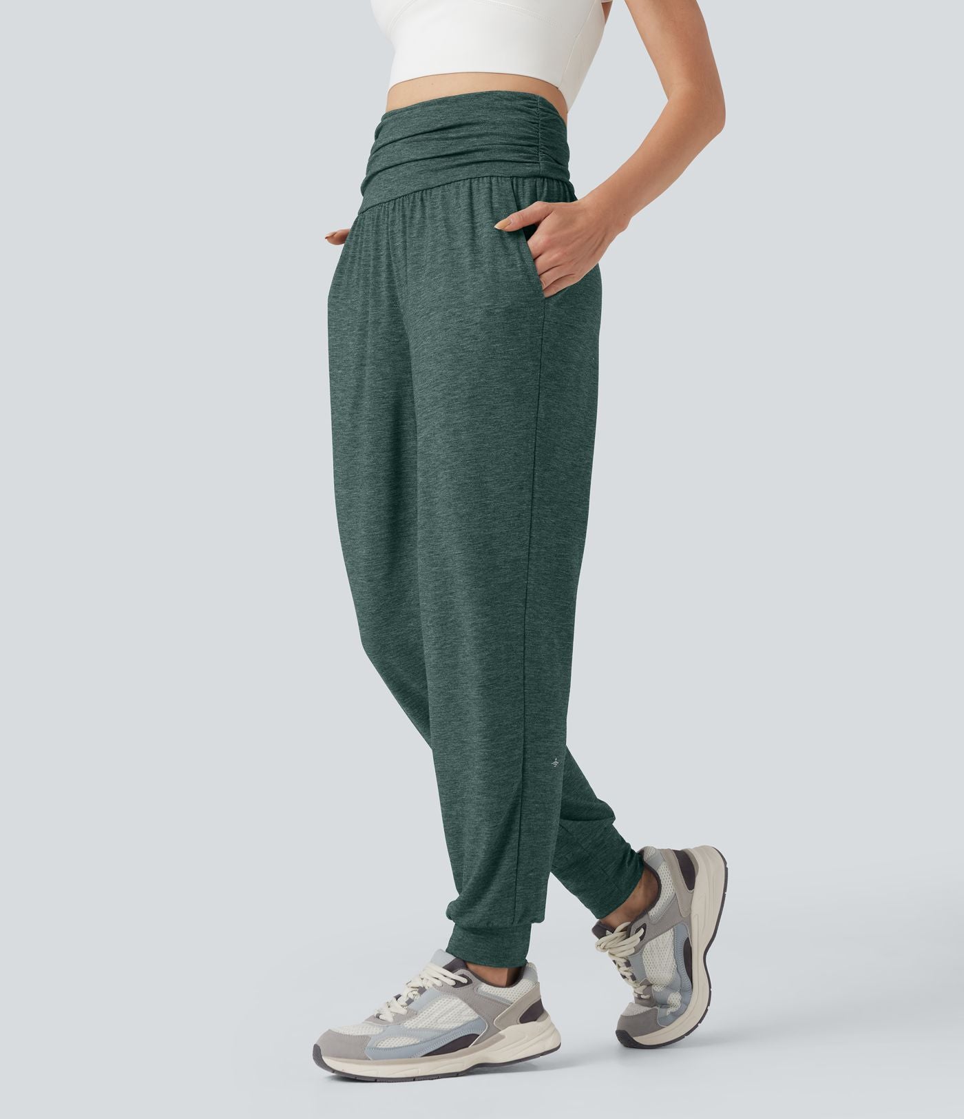 Jogging taille haute froncé chiné avec poches