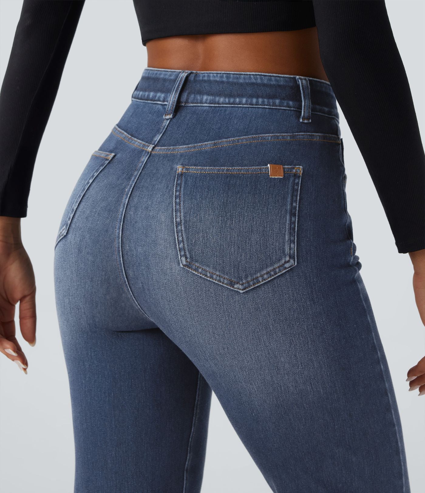 Jean ajusté décontracté Halara Flex™ taille haute gainant effet délavé avec poches
