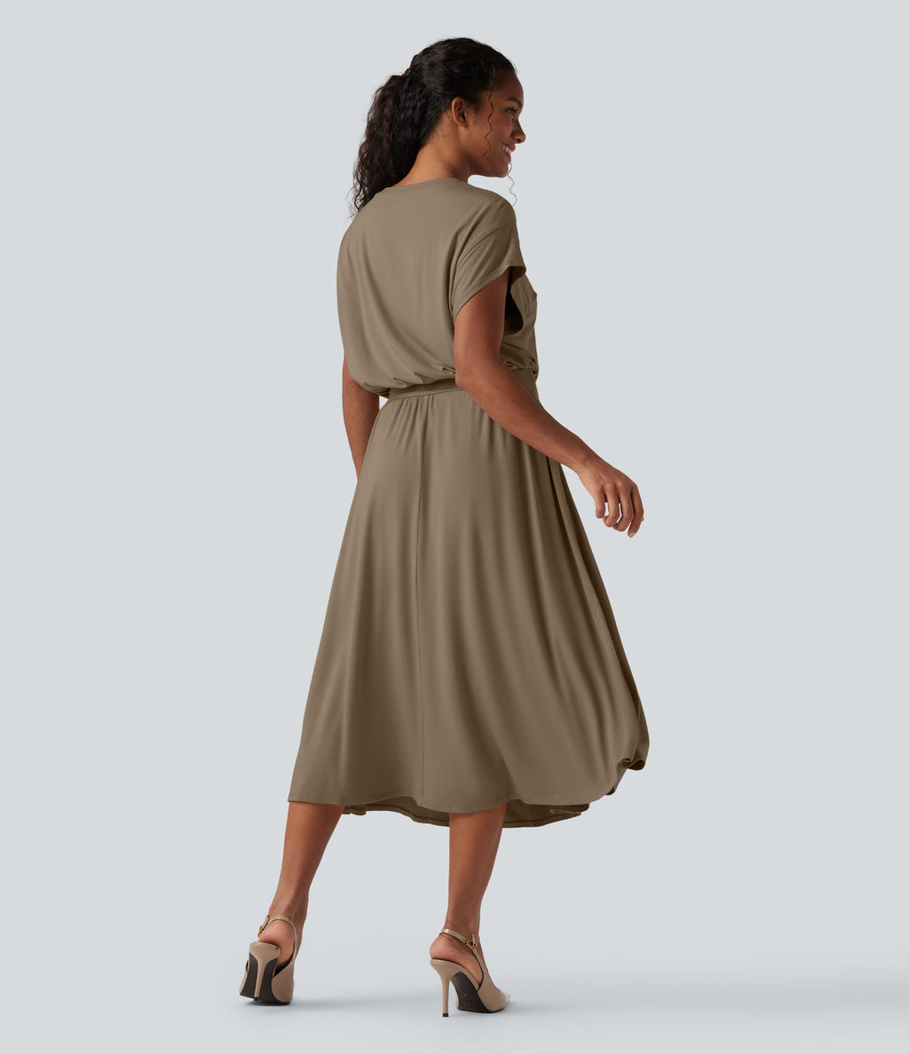 Robe de travail mi-longue fluide gainante à manches chauve-souris avec poches