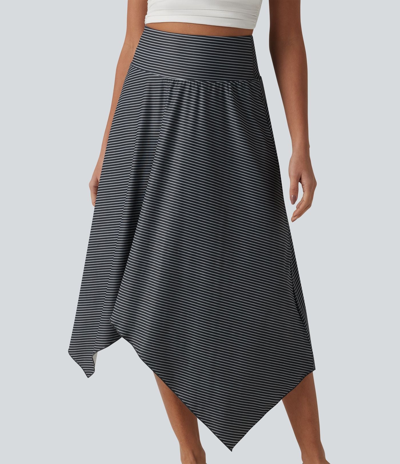 Jupe midi fluide casual taille haute à rayures et ourlet asymétrique mouchoir