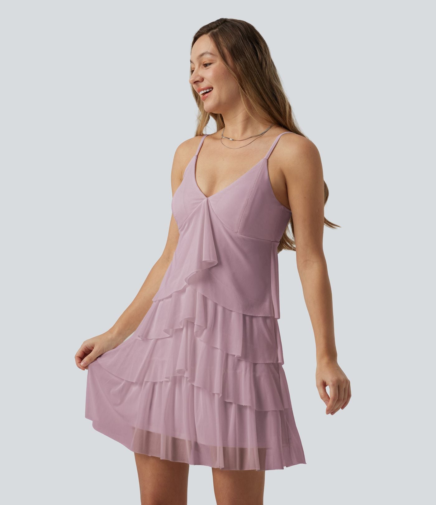 Robe nuisette courte décontractée à volants, dos nu croisé, empiècement en résille, brassière intégrée et poches