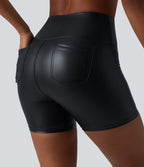 Short de cycliste casual en PU stretch gainant taille haute 12,5 cm avec poches