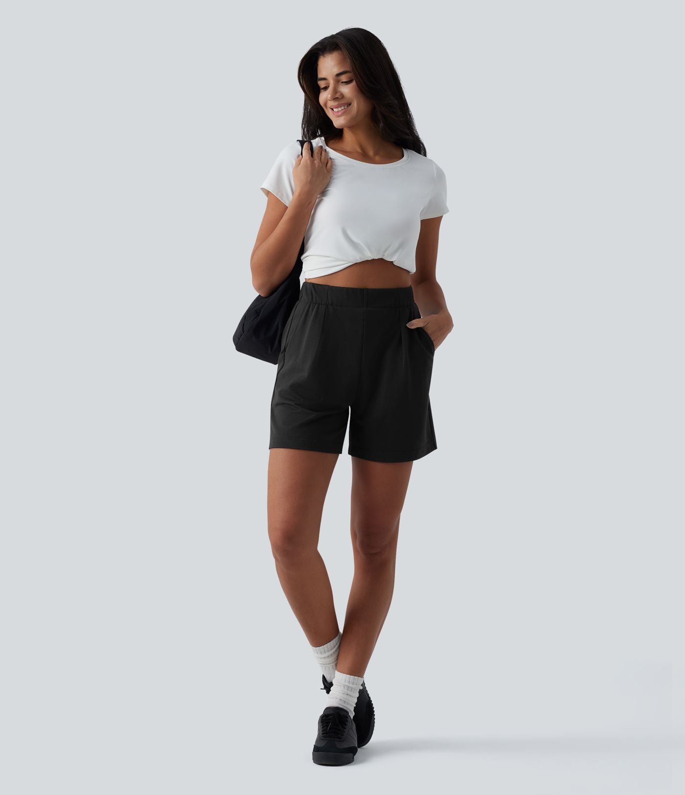 Short sweat décontracté ample taille haute plissé avec poches