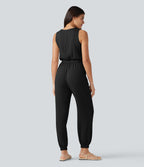 Combinaison casual col rond sans manches avec cordon de serrage, aspect lin et poches
